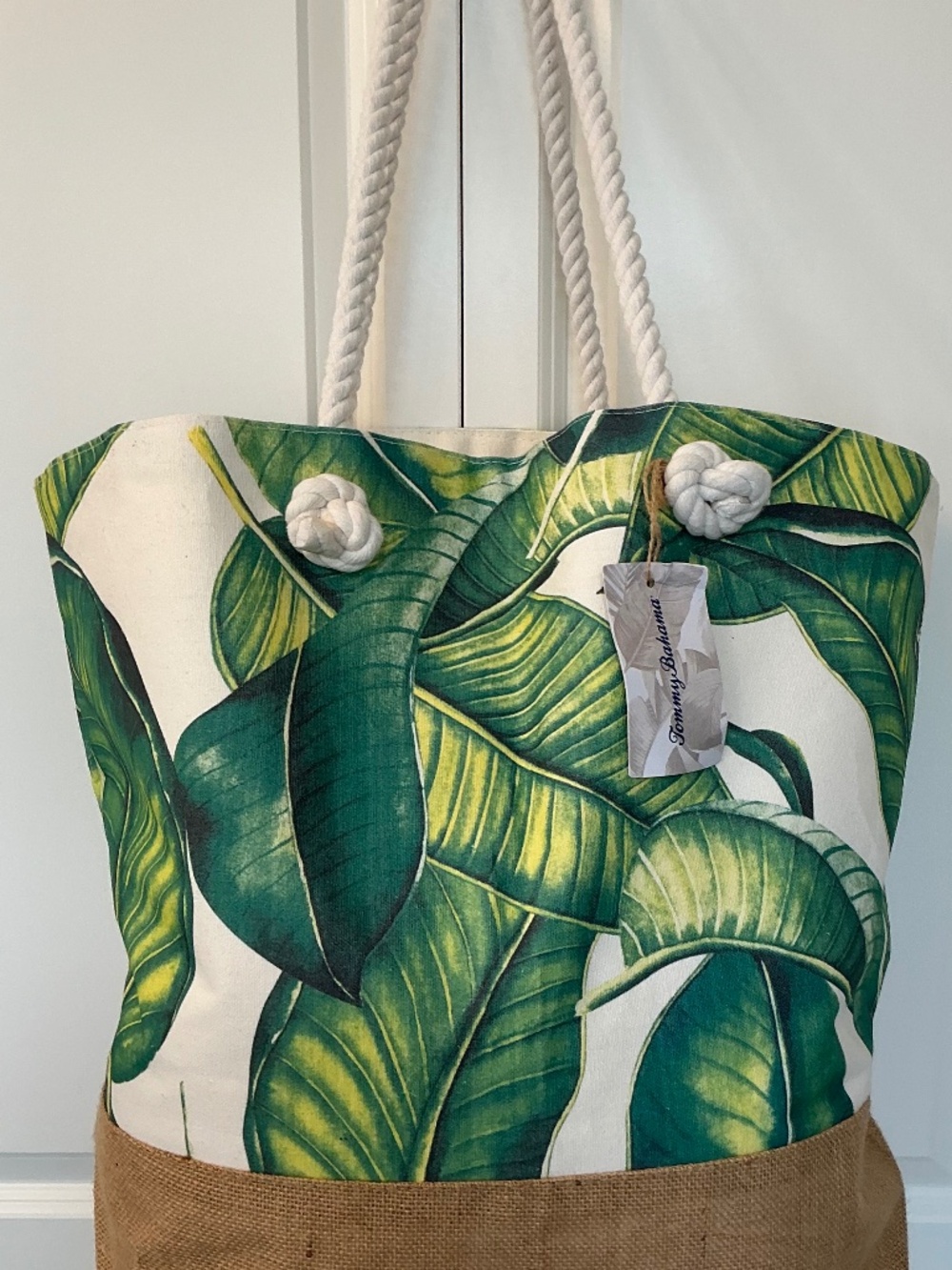 Tommy Bahama Palm Leaves Green XL Canvas Jute Tote Beach Bag Tropical Rope Strap